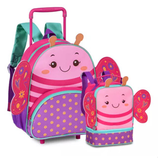 Kit escolar Mochila Rodinha e Lancheira termica infantil pets bichinhos pequena creche mini escolar rodas