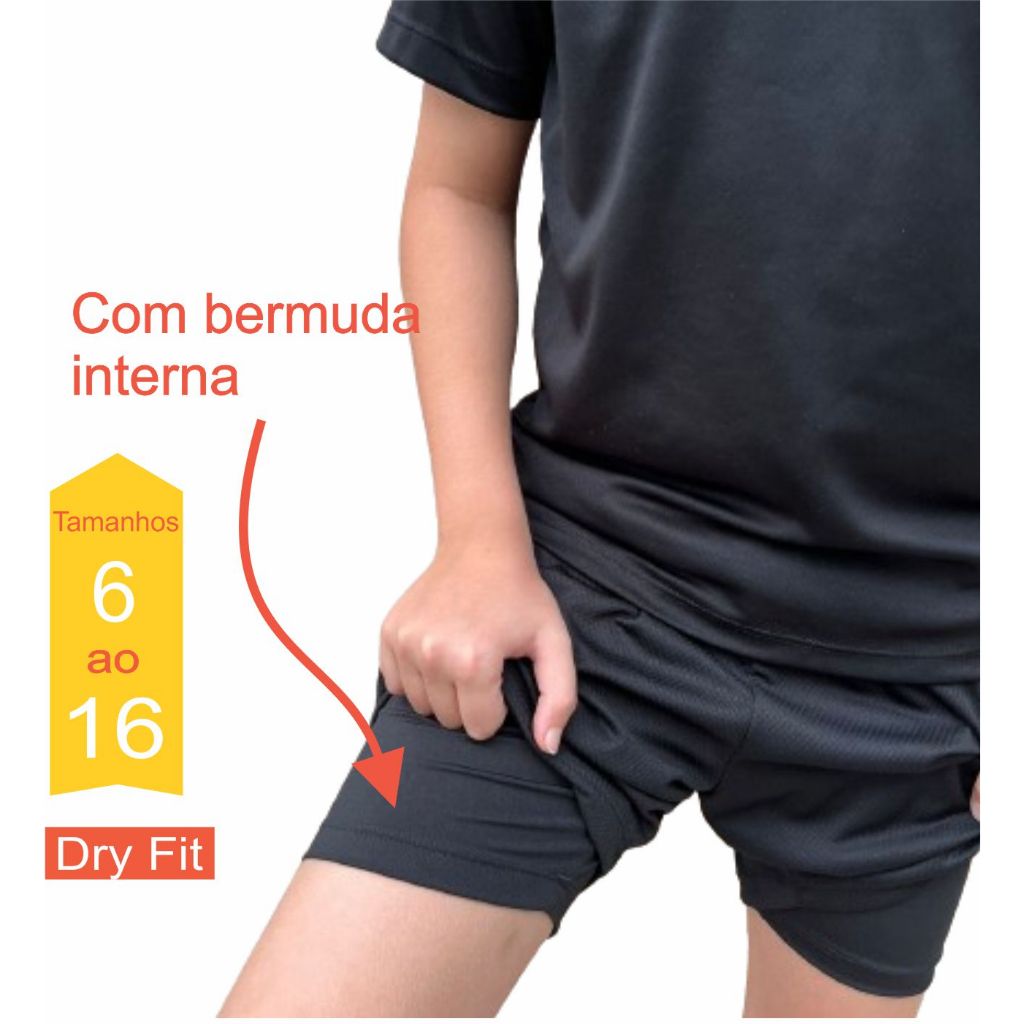 Calção Futebol Infantil e Juvenil Shorts Dry Fit com Bermuda Interna 6-8-10-12-14-16 Lavin Basic em Oferta na Shopee