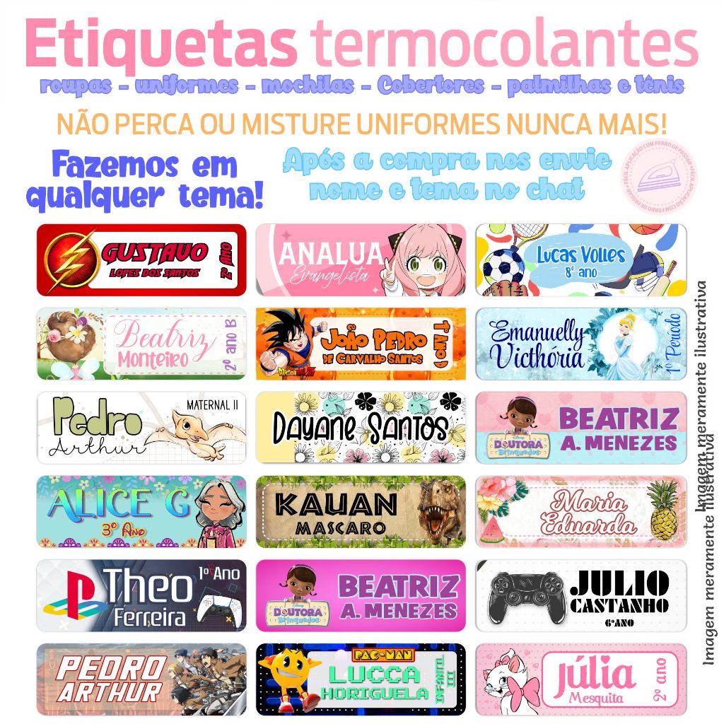 Etiqueta Escolar Termocolante para roupas, uniformes, todos os tipos de tecidos - Transfer, adesivo escolar
