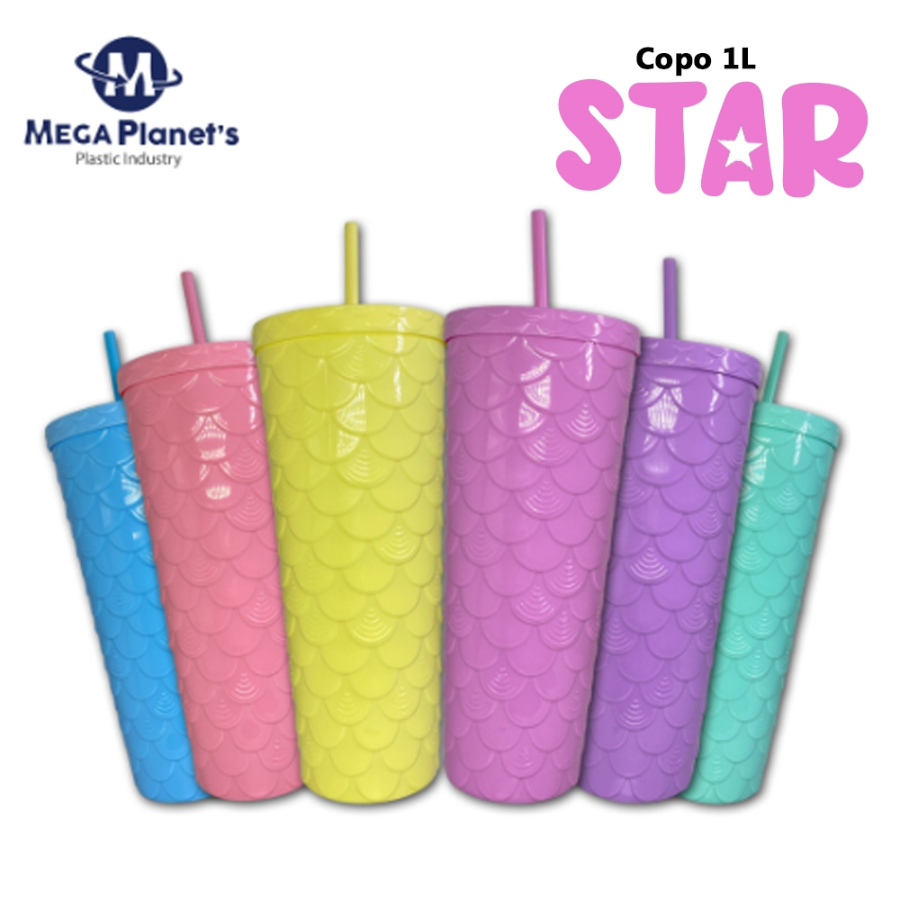 Copo Star com canudo 1000 ML | Copo Plástico Com Canudo E Tampa Com Detalhes Em Escama De Peixe | Bebidas Decorativo Tendência Festa | Copo Plástico Escama Twister/Bolha Canudo E Tampa Para Festa