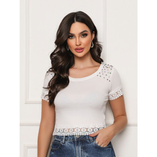 T-Shirt de Verão Renda Beading com JADE PEDRARIAS B0900-1#