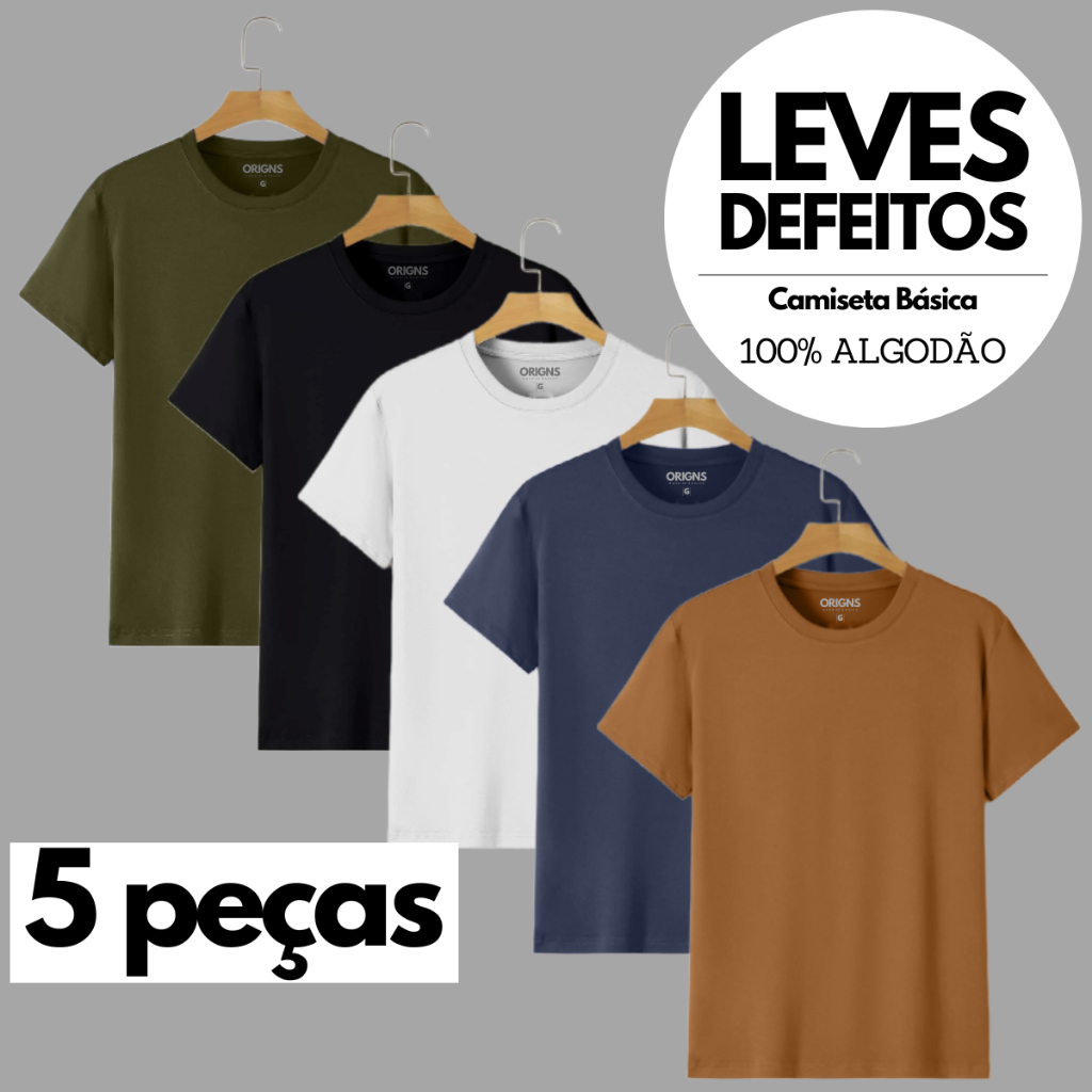 Kit 5 Camiseta Masculina Básica Lisa Algodão LEVES DE-FEI-TOS ! em Oferta na Shopee