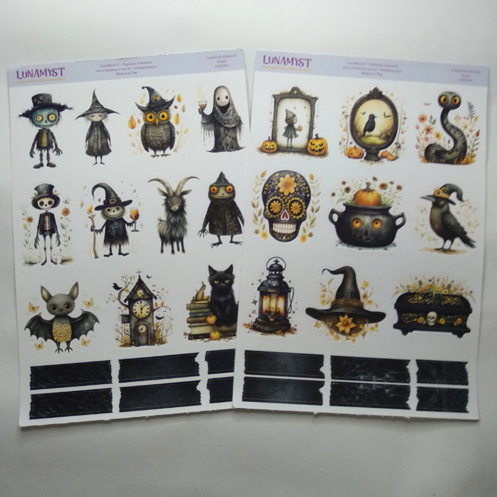 Cartelas de Adesivos Halloween Cartoon Desenhos Stickers Bullet Journal Agenda Caderno Scrapbook Album Diario Planner