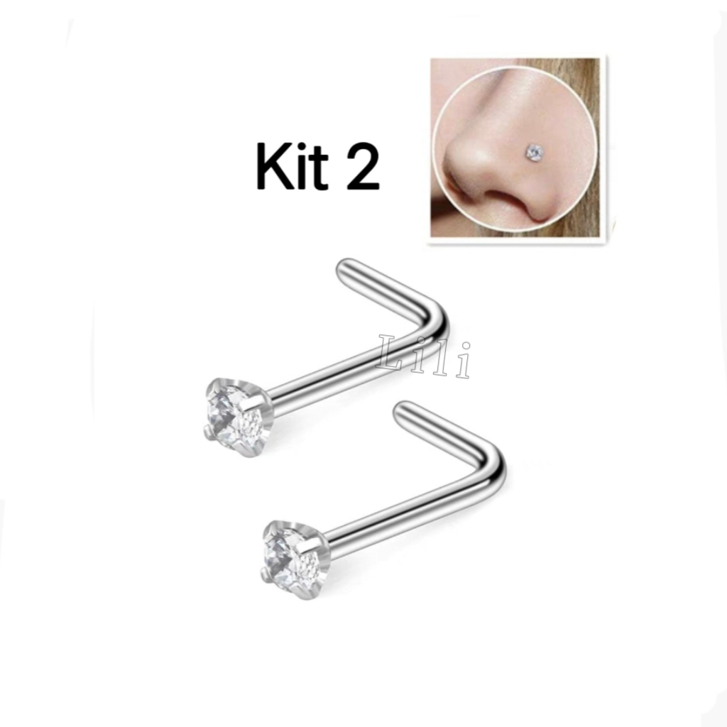 Kit 2 Piercing Nariz Nostril Pedra Zirconia 3mm Ponto De Luz