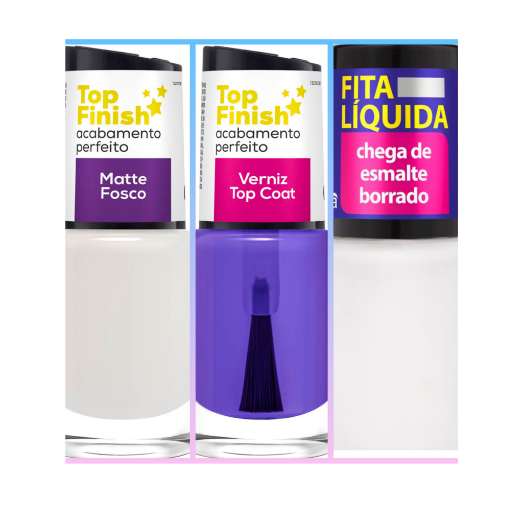 Trio Perfeito Para  Finalização do Esmalte: Fita Liquida Adeus Borradinho, Super Verniz Top Coat E Top Finish Matte Fosco   Cora