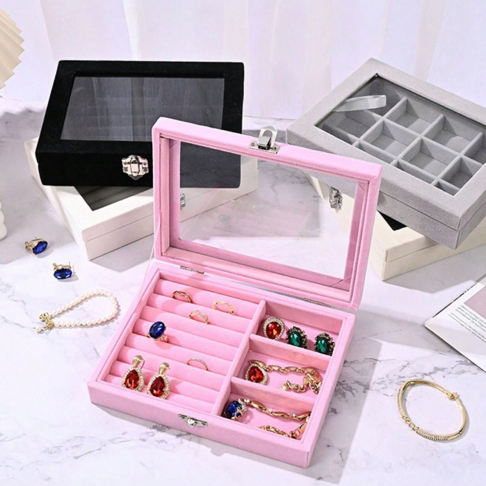 Grande caixa de armazenamento de joias à prova de poeira para anéis, brincos e colares