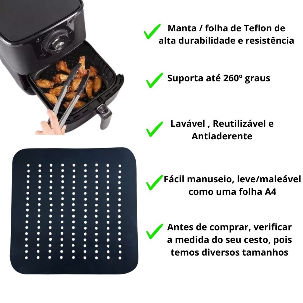 Forro tapete folha de teflon para fritadeira air fryer modelos diversos cesto jumbo Gourmet grande quadrado 26CM X 26CM