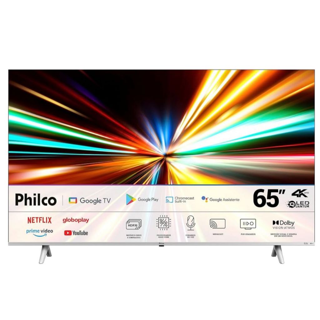 Fast Smart TV QLED 65'', Ultra HD 4K, PTV65G3BGTSSBL, Philco, Dolby Vision, Dolby Atmos, Google TV, Eye Protection
