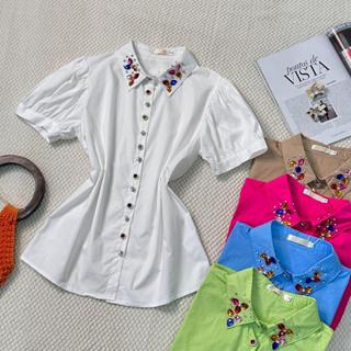 Camisa Social Feminina Blusa Feminina com Strass Colorido Camisa Solta Top Para Mulheres