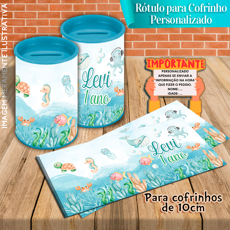 Rótulos Adesivos para Cofrinhos Personalizados Fundo do Mar