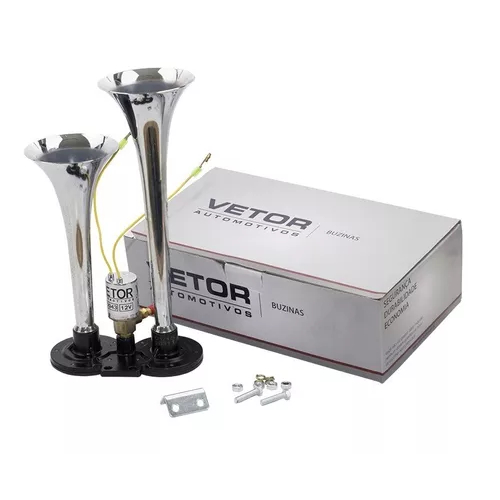 Buzina 2 Cornetas Cromada 12v Universal Caminhão + Solenoide VT043