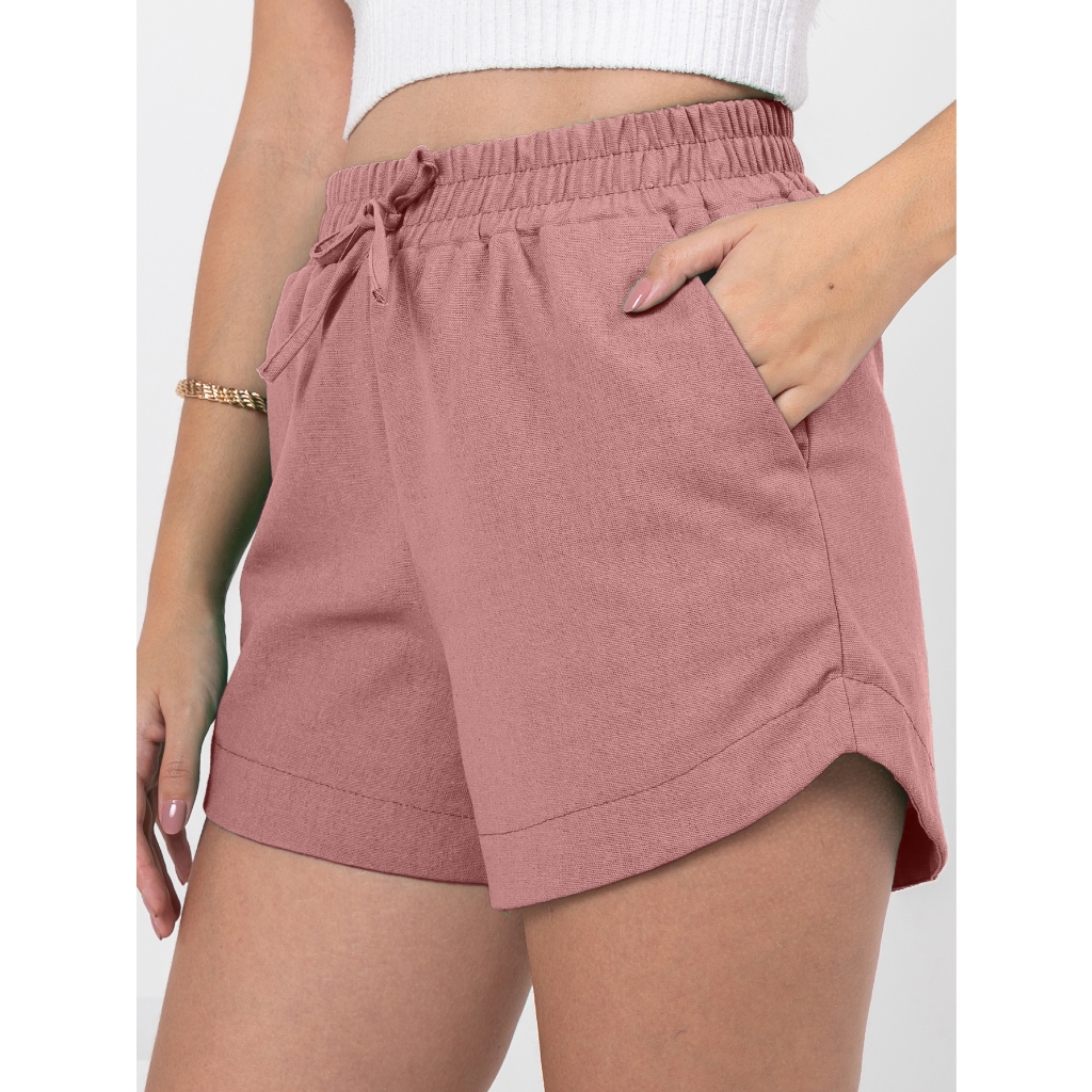 Short Linho Feminino shorts Cintura alta com elastico verao praia confortavel soltinho dia a dia