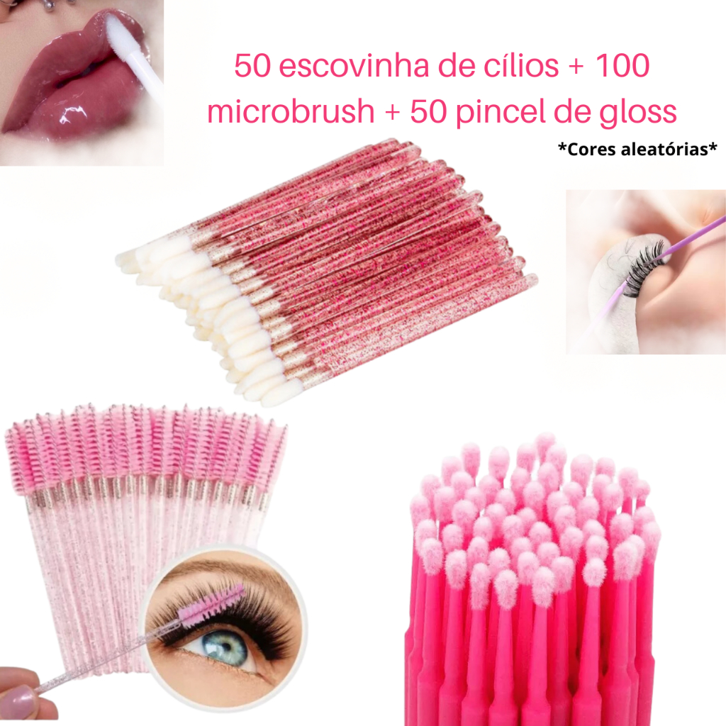 Kit C/3 Produtos 100 Pincel Microbrush +50 Pincel  Escovinha de Cílios + 50 Pincel Aplicador de Gloss