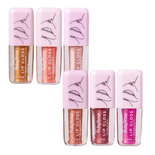 Kit com 6 Cores do Lançamento Lip Gloss com Gliter Ruby Rose- Bonfire, Flame, Firework, Firefly, Flashlight e Shooting Star