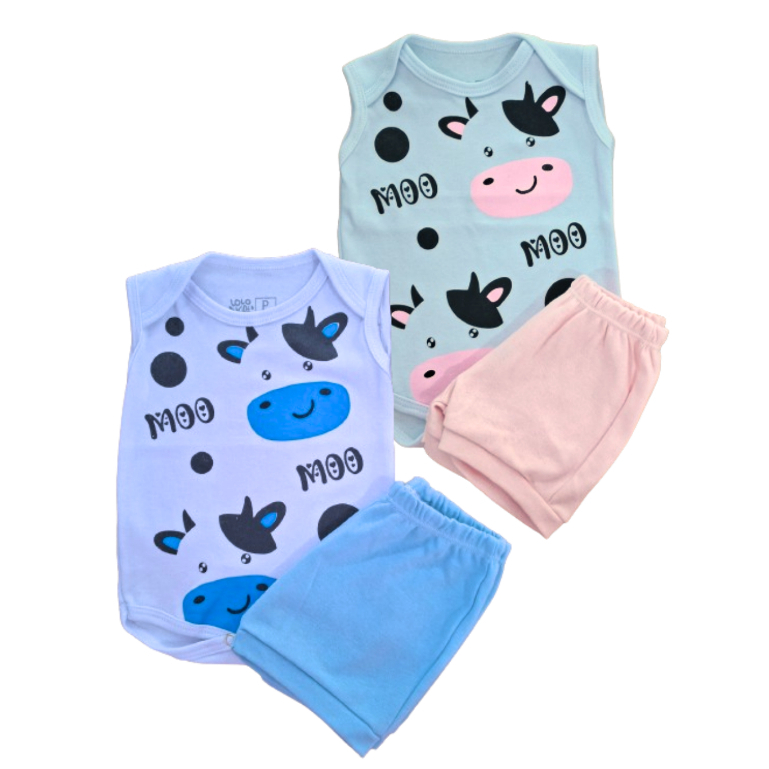 Conjunto Infantil Body Regata de Vaquinha e Short Bebê Menino Menina 2 Peças