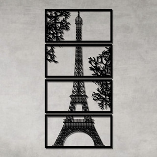 Kit Quadro Decorativo Vazado Conjunto Torre Eiffell Dividida Escultura de Parede MDF Preto