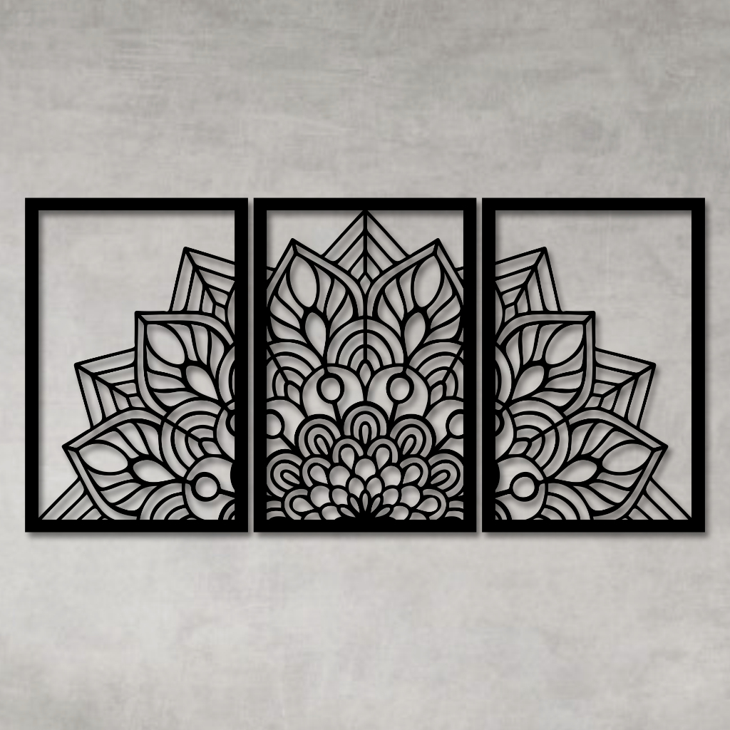 Imagem Kit Quadro Decorativo Vazado Conjunto Mandala Dividida Escultura de Parede MDF Preto