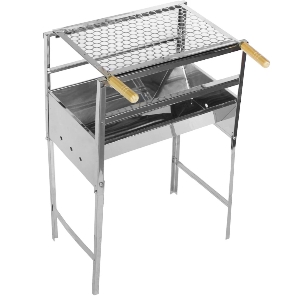 Churrasqueira Profissional Aço Inox 50x40cm Pés Dobráveis e Grelha Inox com Cabos de Madeira