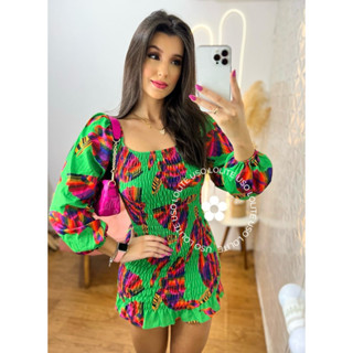 Vestido lastex estampado inspiração desejo com detalhes lindíssimos e mangas bufantes (roupa feminina)
