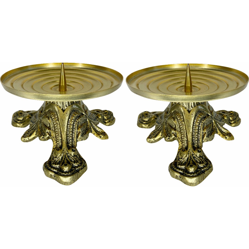 Kit 2 Porta Vela 7 Dias Castiçal Baixo Altar Par Suporte Ouro Velho Com Pino E Prato Alumínio Igreja Decoração Sacra