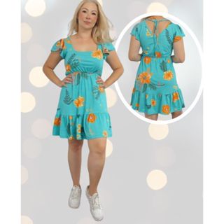 Vestido Feminino Curto Acima do Joelho Com Manga Verão Decote Quadrado Elástico na Cintura e Babados Promoção Lindo Verão Malha Viscolycra Promoção
