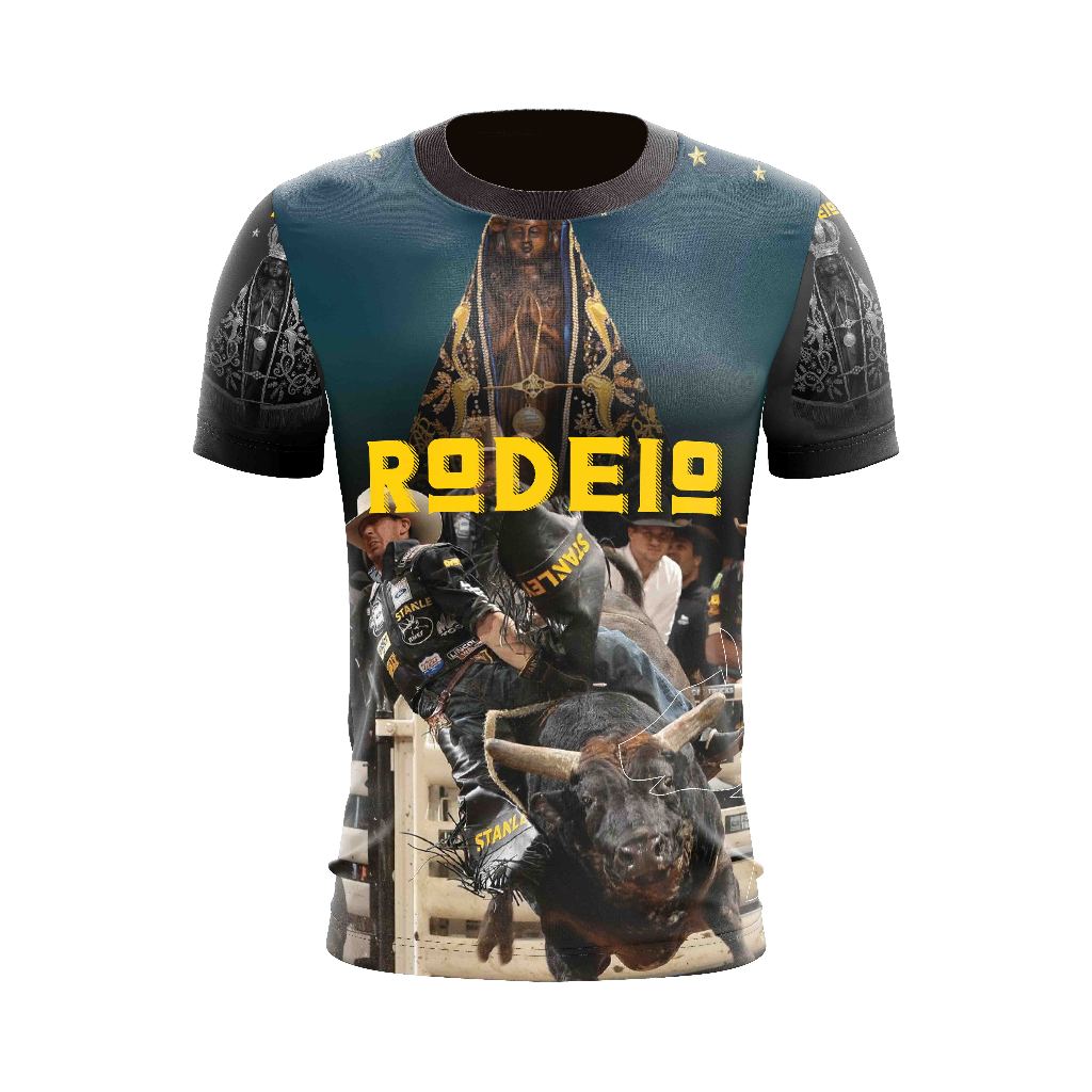 camisa camiseta de rodeio peão com imagem religiosa aparecida
