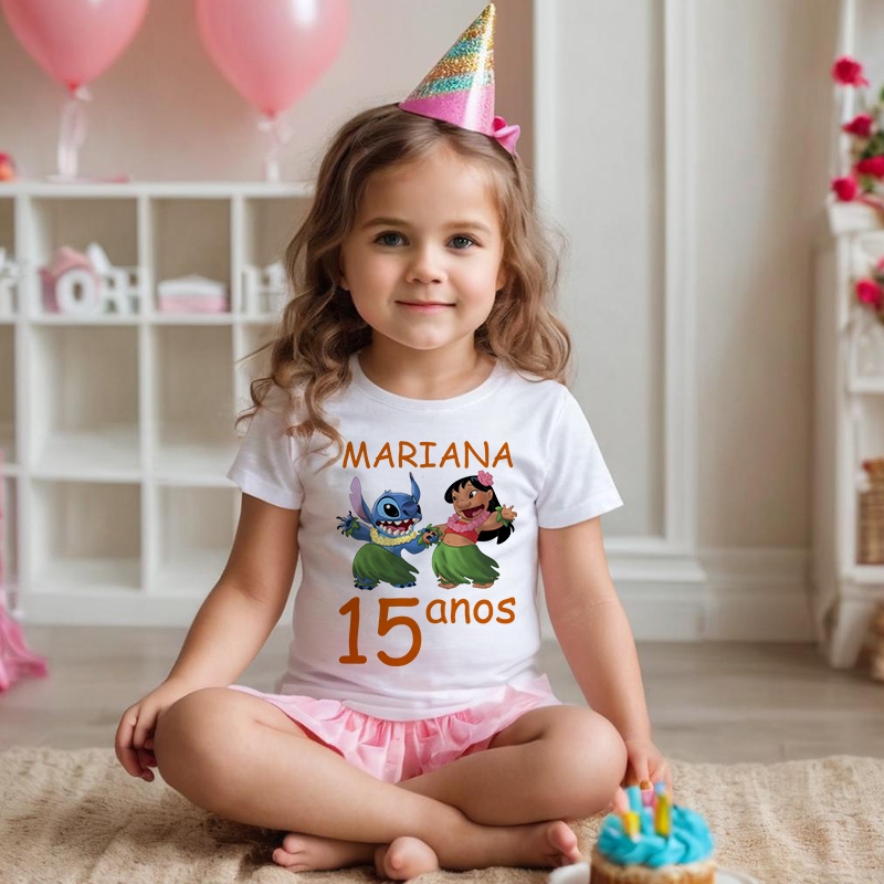 Camiseta Lilo e Stitch Ula Ula Desenhos Menina e Menino Aniversário Festas Presentes Personalizado