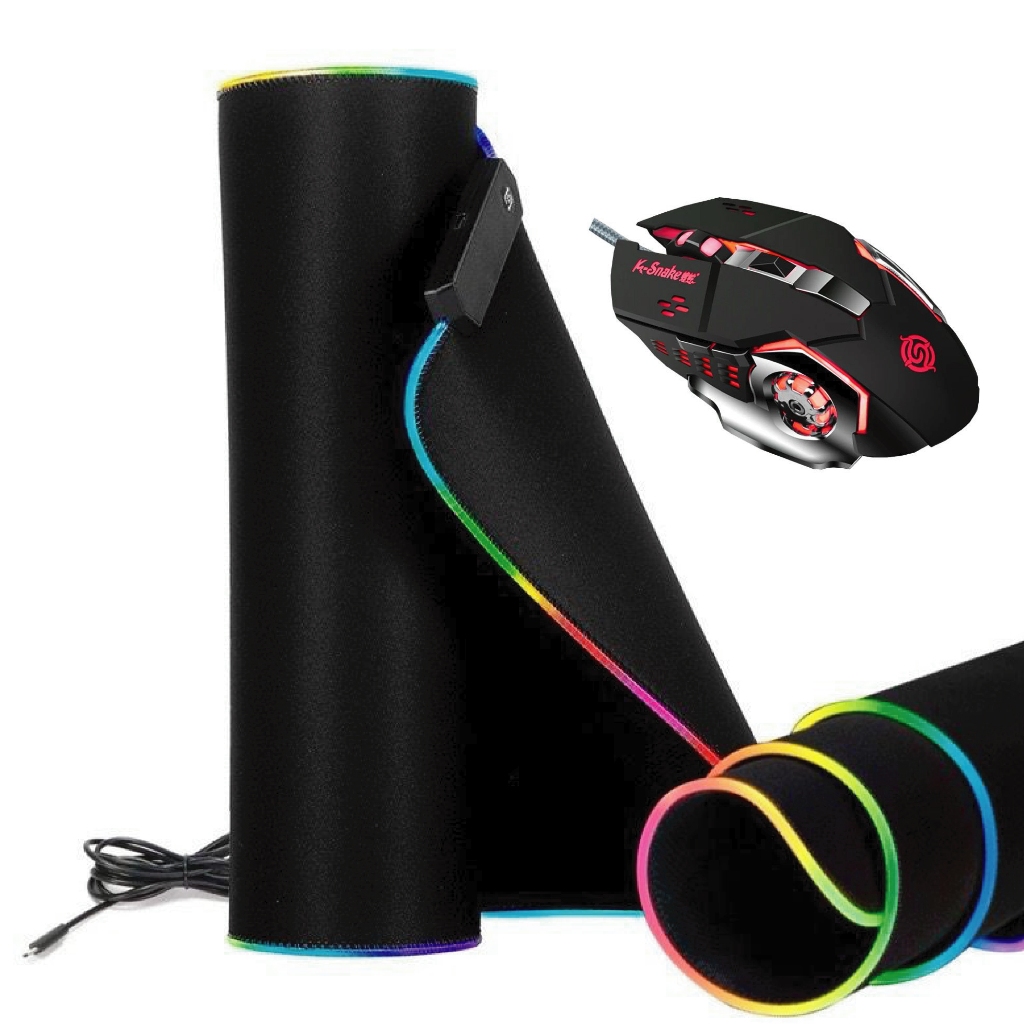 Kit Mouse Pad Grande E Mouse Rgb Gamer Led Preto Usb Oficce