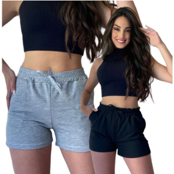 Shorts Moletom Linho Bermuda Feminina Cintura com Elástico Alta Tendência