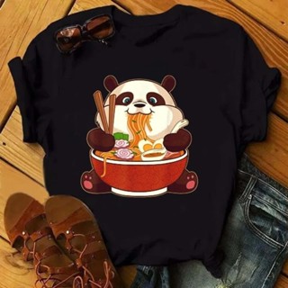 Camiseta Básica Algodão Feminina Cute Panda Lámen Food
