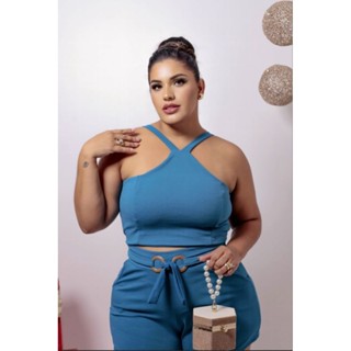 conjunto feminino plus size Croped e short argola com bolso - veste 44 ao 48 - roupa feminina plus size moda gringa