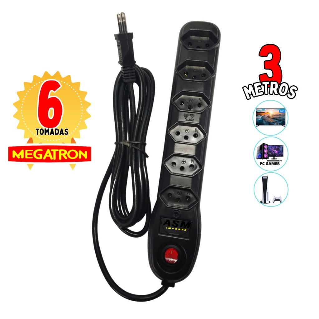 Filtro De Linha 6 Tomadas + Cubo Adaptador Regua Eletrica Megatron Bivolt 10A/250V Alta Carga