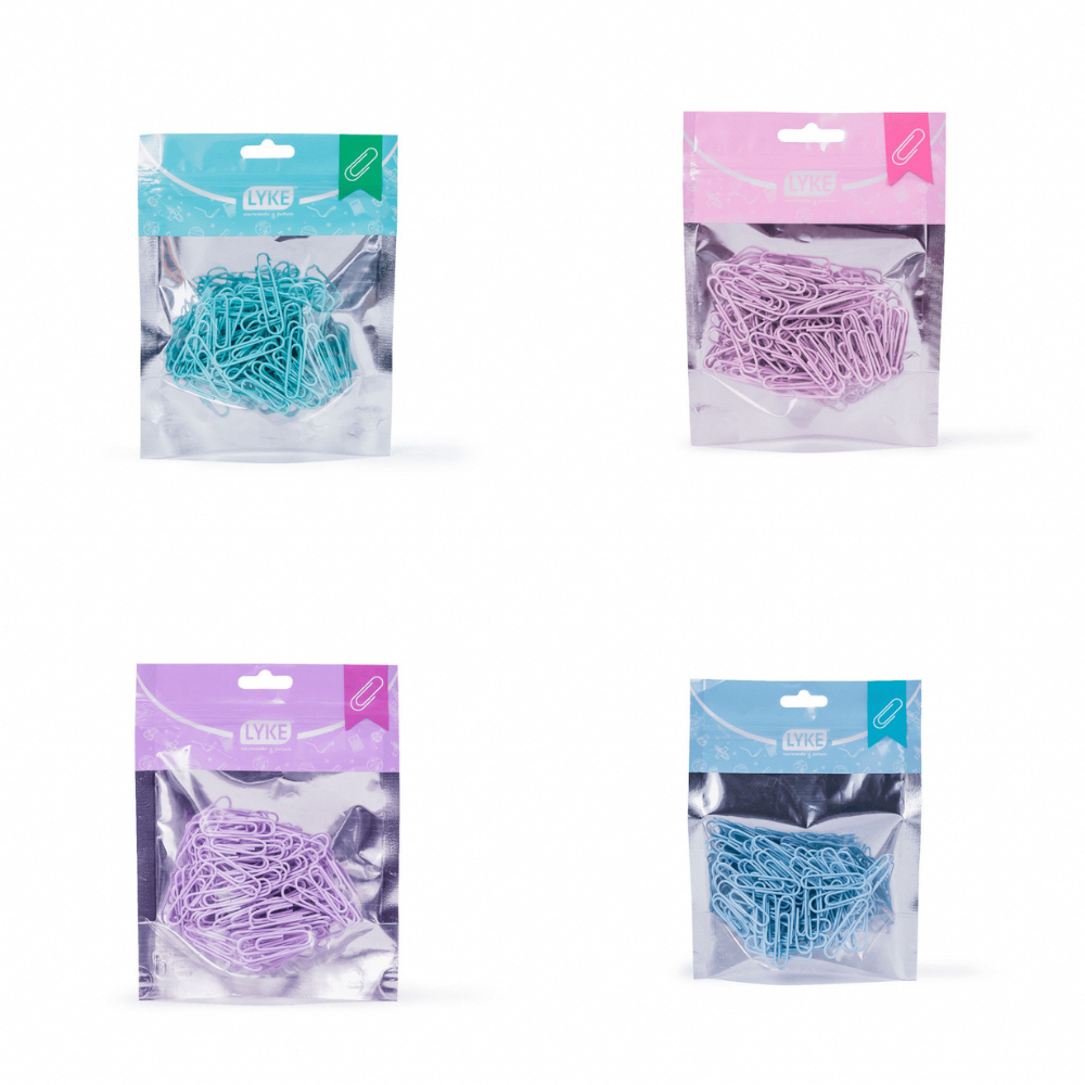 Clips Pastel 33mm  (Azul, Rosa, Lilás e Verde) Com 100 Unid LYKE