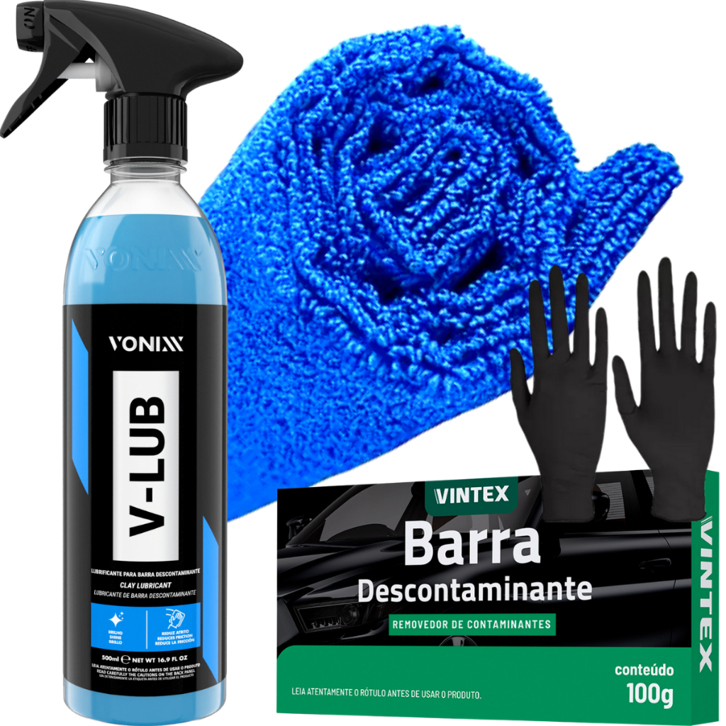MASSA CLAY BAR V-LUB LUBRIFICANTE VONIXX+ LUVAS NITRILICAS + PANO MICROFIBRA em Oferta na Shopee