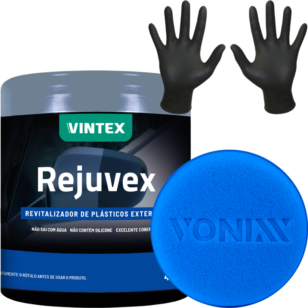 REJUVEX 400G REVITALIZADOR PLÁSTICOS PARA-CHOQUE + APLICADOR + LUVA NITRILICA em Oferta na Shopee