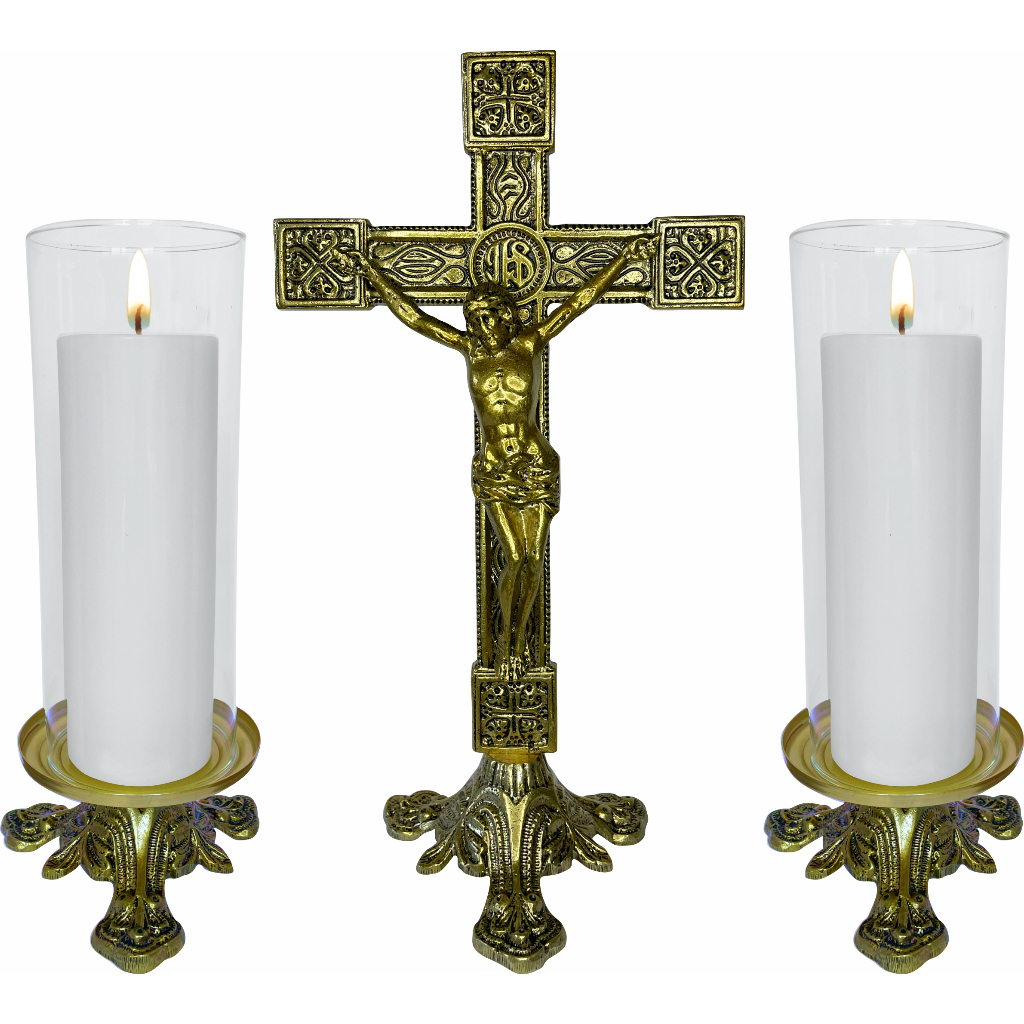 Kit Altar Crucifixo Grande 37cm E 2 Castiçal Porta Vela 7 Dias Par Ouro Velho Donzela Vidro Igreja Liturgia Decoração