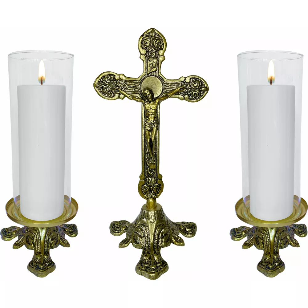 Kit Altar Crucifixo 30cm E 2 Castiçal Porta Vela 7 Dias Par Ouro Velho Suporte Igreja Decoração Sacra Liturgia Metal