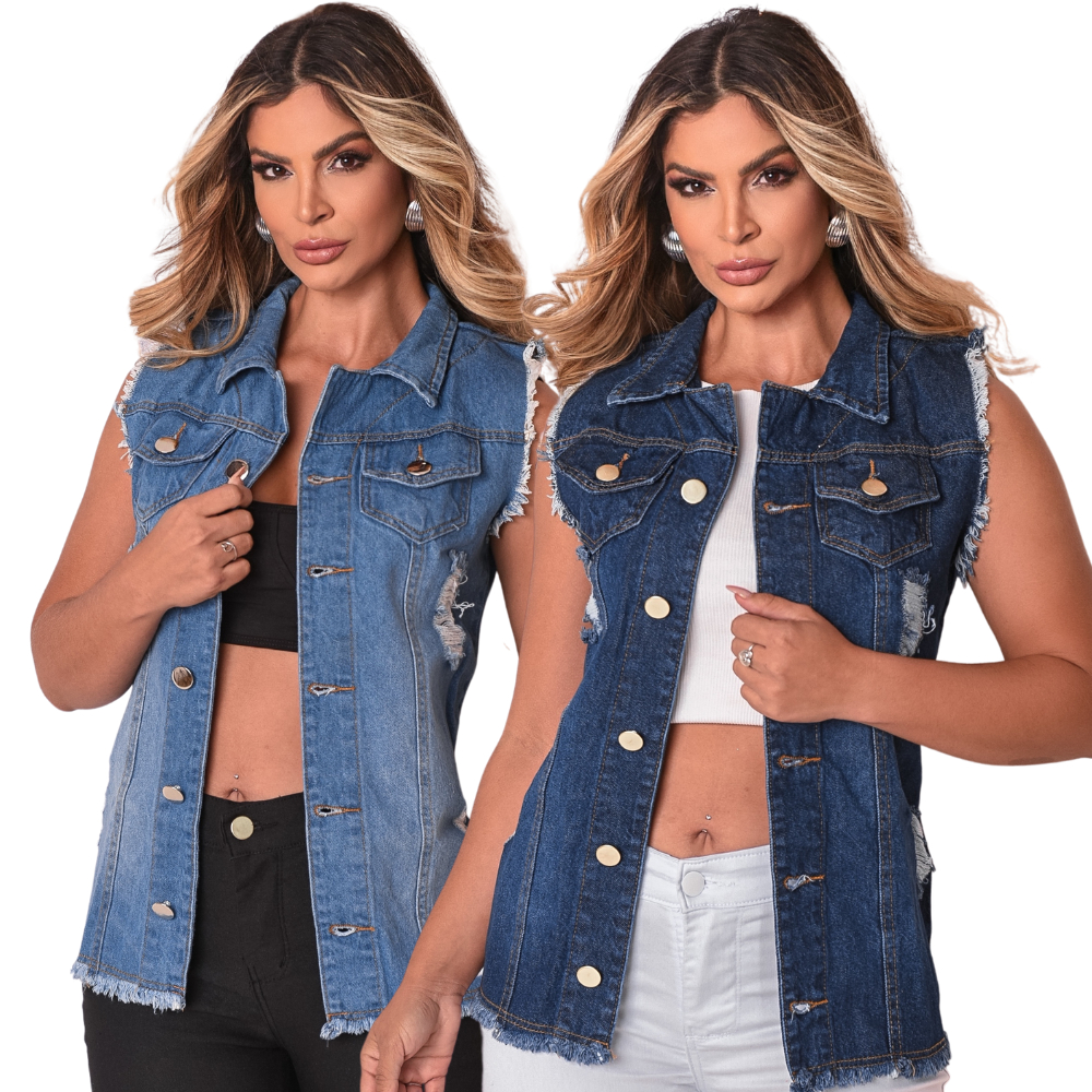 Kit 2 Max Colete Jeans Destroyed  Premium Algodão Estiloso