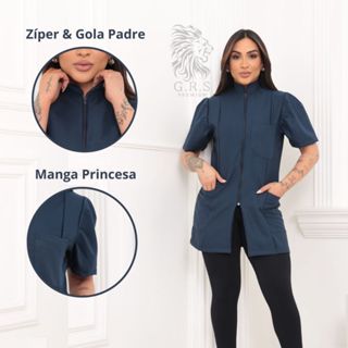 Jaleco azul manga curta, manga princesa, feminino com zíper e gola padre