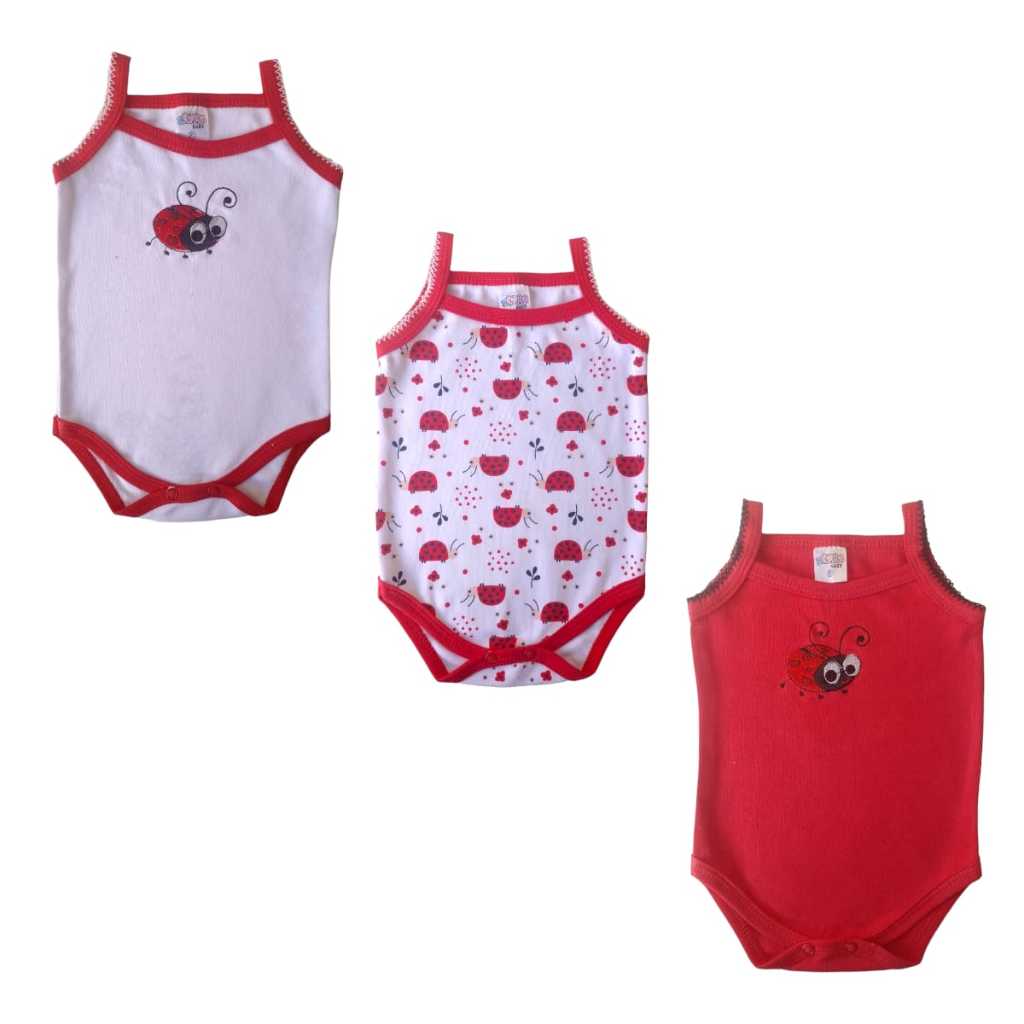 Kit 3 Peças - Body Alcinha Vermelho  Bordado Joaninha Bebê