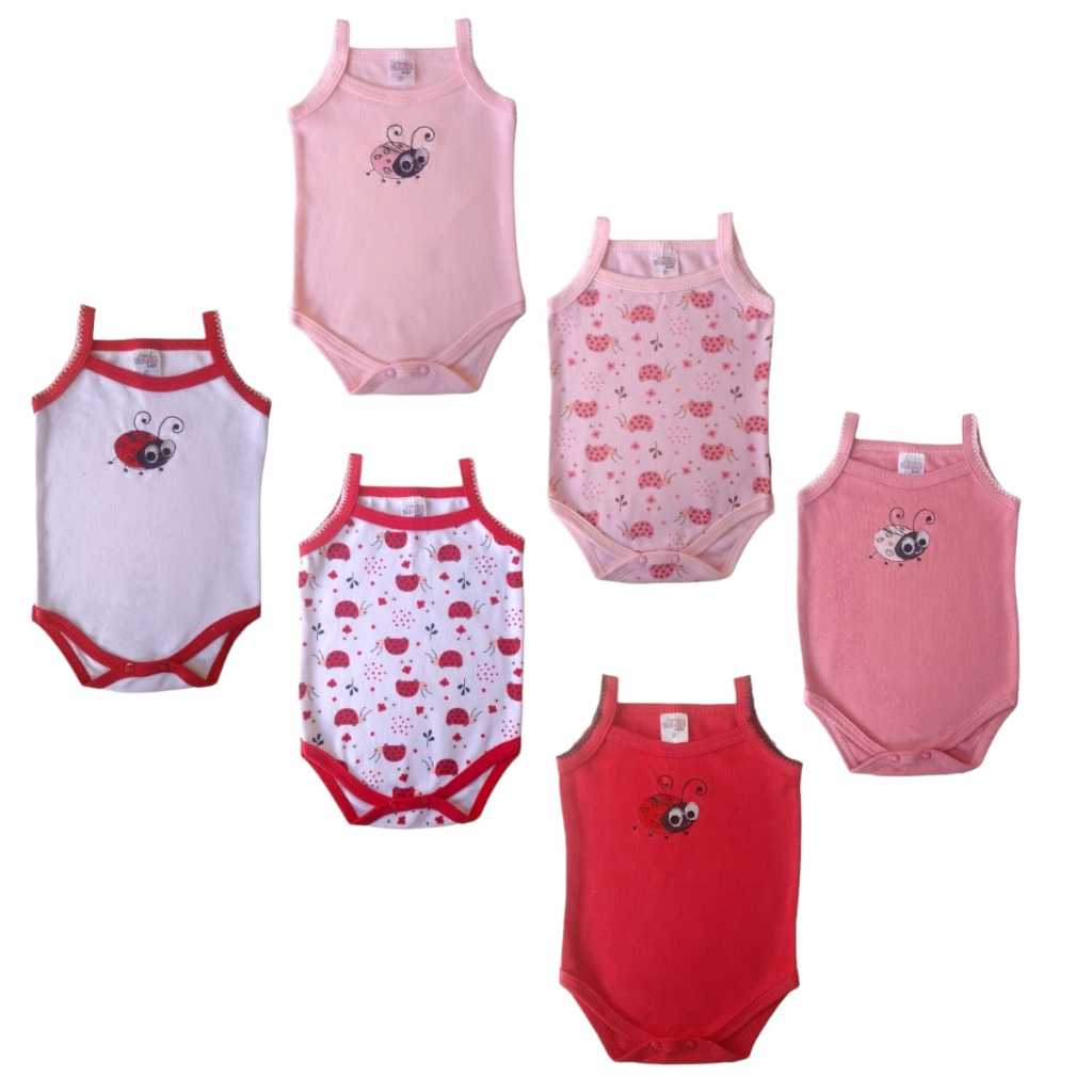 Kit 6 Peças - Body Alcinha Verão Bordado Joaninha Roupa Bebê