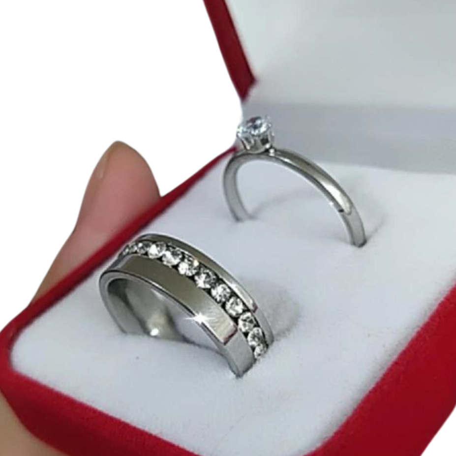 Anel Cravejado e Solitário Aço Inox Kit Com Caixinha em Oferta na Shopee