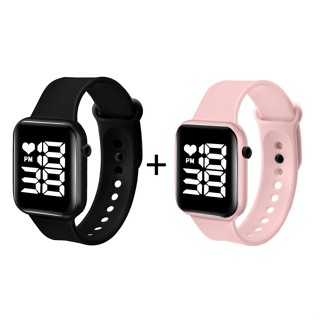 Conjunto Preto + Rosa Relógio Led Digital Quadrado Feminino e Masculino