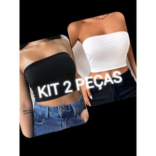KIT CROPPED TOP FAIXA TOMARA QUE CAIA VERÃO, PRAIA, PISCINA - CONJUNTO BLOGUEIRA CONTÉM 2 PEÇAS, PRETO E BRANCO.