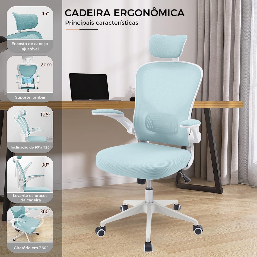 Cadeira de escritório ergonômica cadeira de escritório cadeira giratória cadeira de tarefas cadeira de mesa de encosto alto com suporte lombar,  almofada de assento grossa e encosto de cabeça ajustável cadeira de computador (Azul)