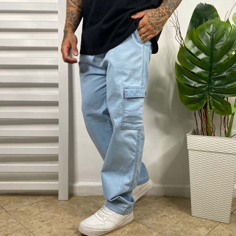 Calça Cargo Masculina Streetwear Wide Leg Bolsos Laterais Confortável para Uso Diário