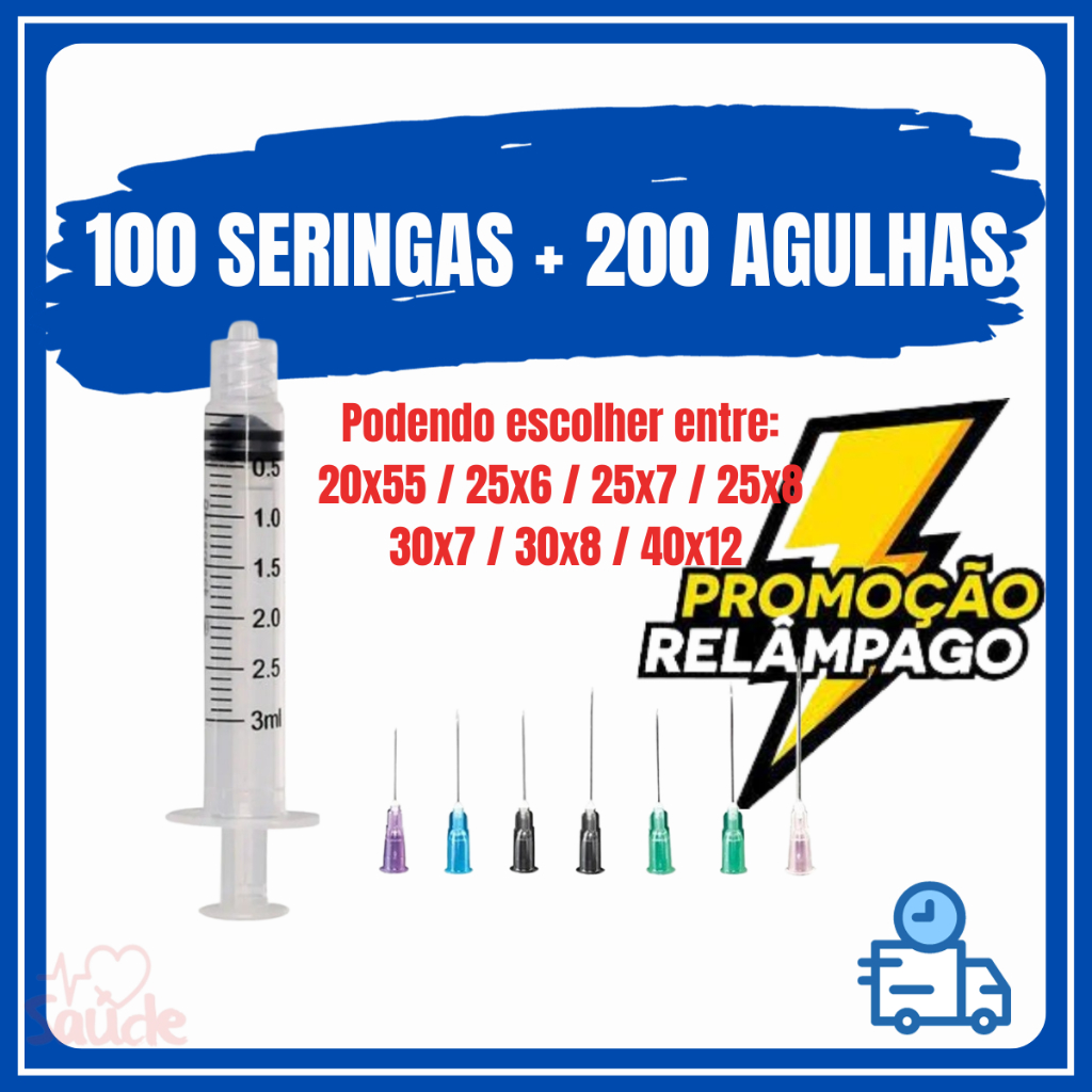 100 Seringas 3 ml com 200 Agulhas a sua escolha podendo escolher entre 20x55 / 25x7 / 25x6 / 25x8 / 30x7 / 30x8 / 40x12 em Oferta na Shopee