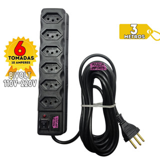 Regua Eletrica de 6,5,4 e 3 tomadas com 3 metros de cabo Filtro De Linha Bivolt com Fusivel Tripolar