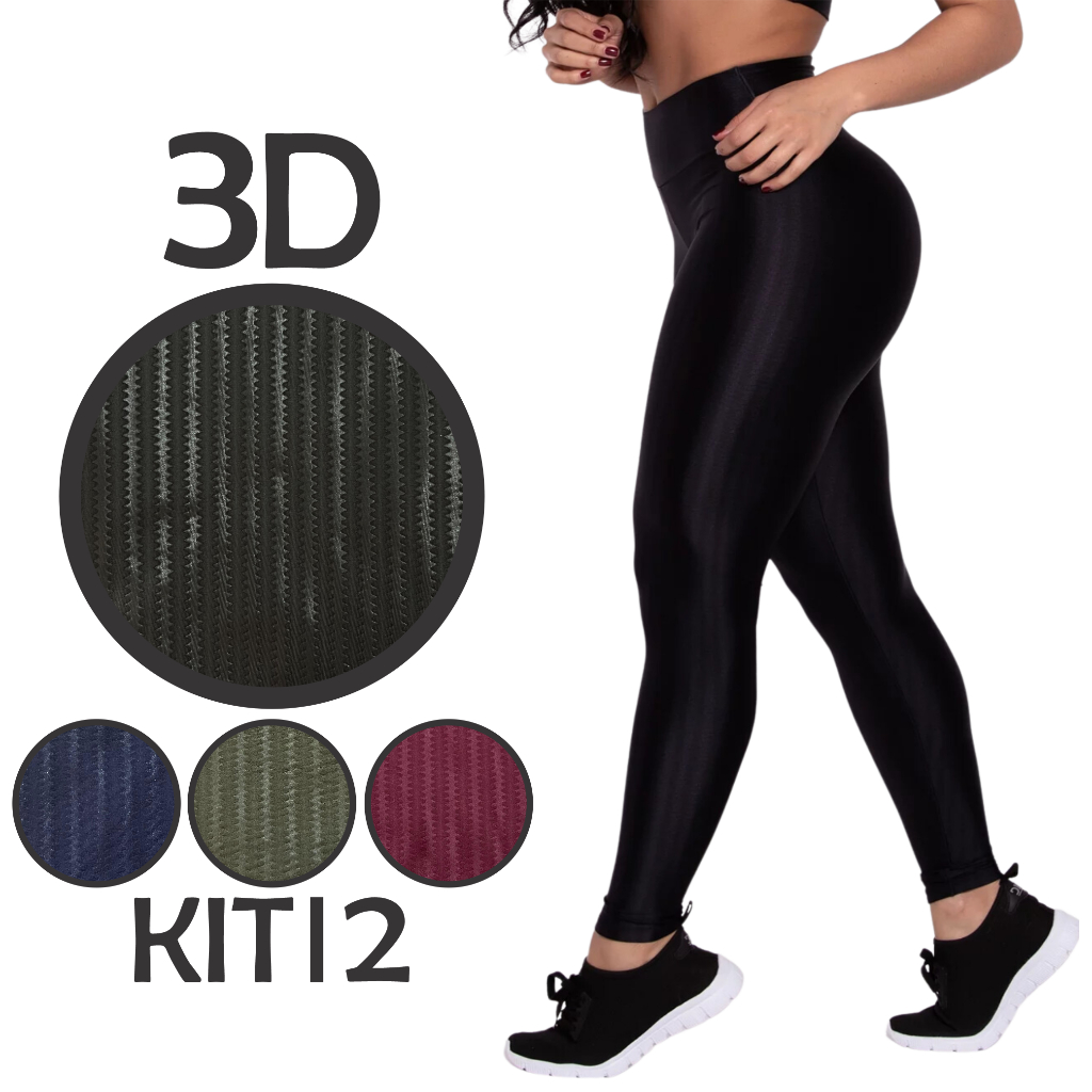 Kit 2 Calças Legging 3D Academia Cirre Zero Transparência Cós Alto Levanta Bumbum Poliamida