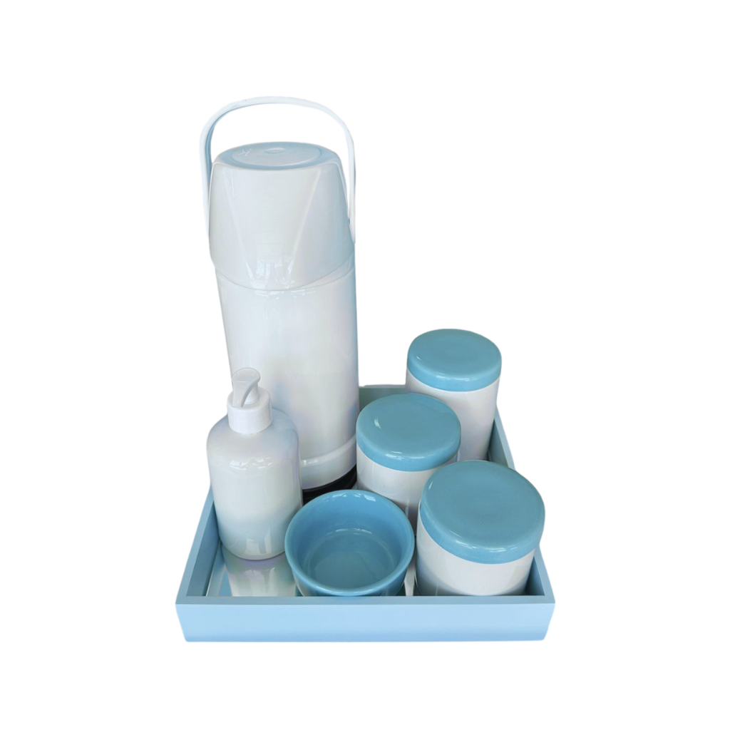 Kit higiene bebê porcelana branco gelo tampas e molhadeira em azul cuidados com o bebe recém nascido